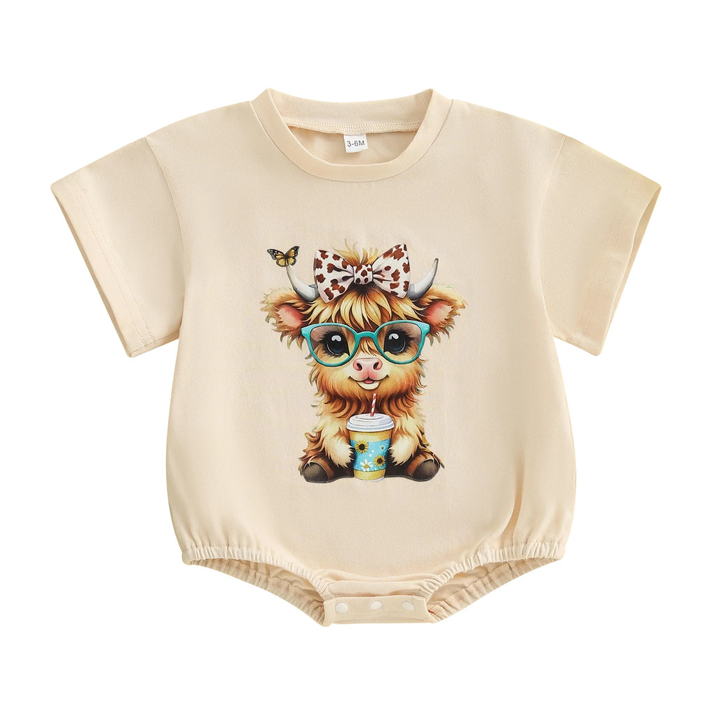 Baby Girl Highland Cow Romper – Soft Cotton Summer Bodysuit | Lioraitiin