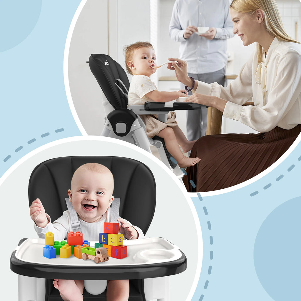 Sejoy Adjustable Baby High Chair with 5-Point Harness 3-Tier Tray & Wheels CE/CPC Certified Children's Dining Chair
