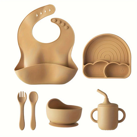 6 PCS Silicone Baby Feeding Set Baby Led Weaning Supplies Utensils Strong Suction 3 Divided Plate Spoon Fork Bowl Water Cup Bib