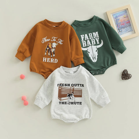 Lioraitiin 0–18M Infant Baby Girl Boy Autumn Jumpsuit – Letter & Cow Print Long Sleeve Round Neck Bodysuit