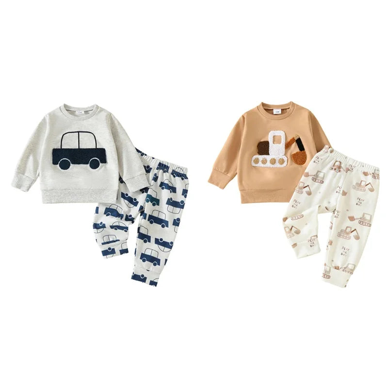 Lioraitiin Toddler Baby Boy 2-Piece Outfit – Car Embroidery Long Sleeve Pullover Sweatshirt & Elastic Waist Pants Set