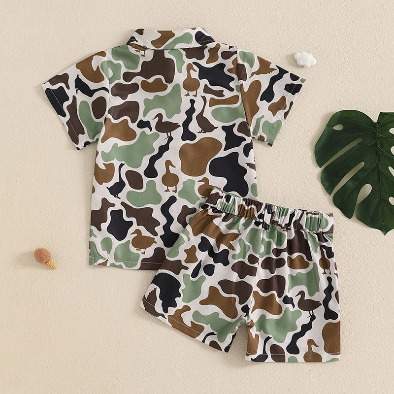 Infant Boy’s Summer Camo Print Short Sleeve Shirt & Shorts Set with Button-Down Collar – 2 Piece Outfit
