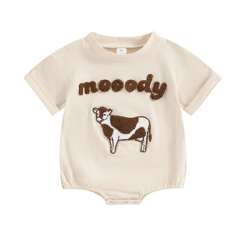 Lioraitiin 0–18M Baby Boy Girl Romper – Round Neck Cow Embroidery Short Sleeve Jumpsuit, Infant Summer Outfit