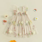 Toddler Girl Sleeveless Floral Embroidered Tulle Dress with Ruffle Square Neckline – Princess Party Dress for Baby Girl
