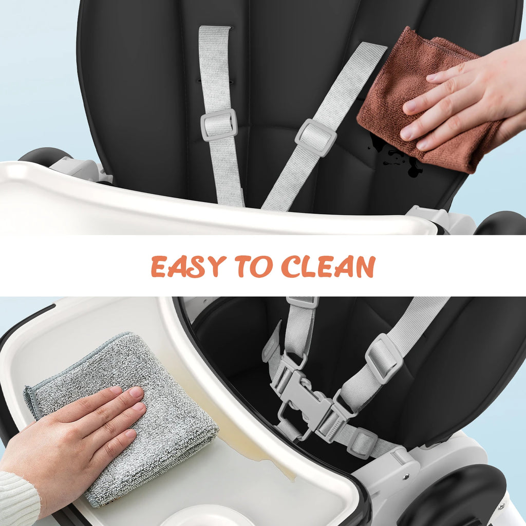 Sejoy Adjustable Baby High Chair with 5-Point Harness 3-Tier Tray & Wheels CE/CPC Certified Children's Dining Chair