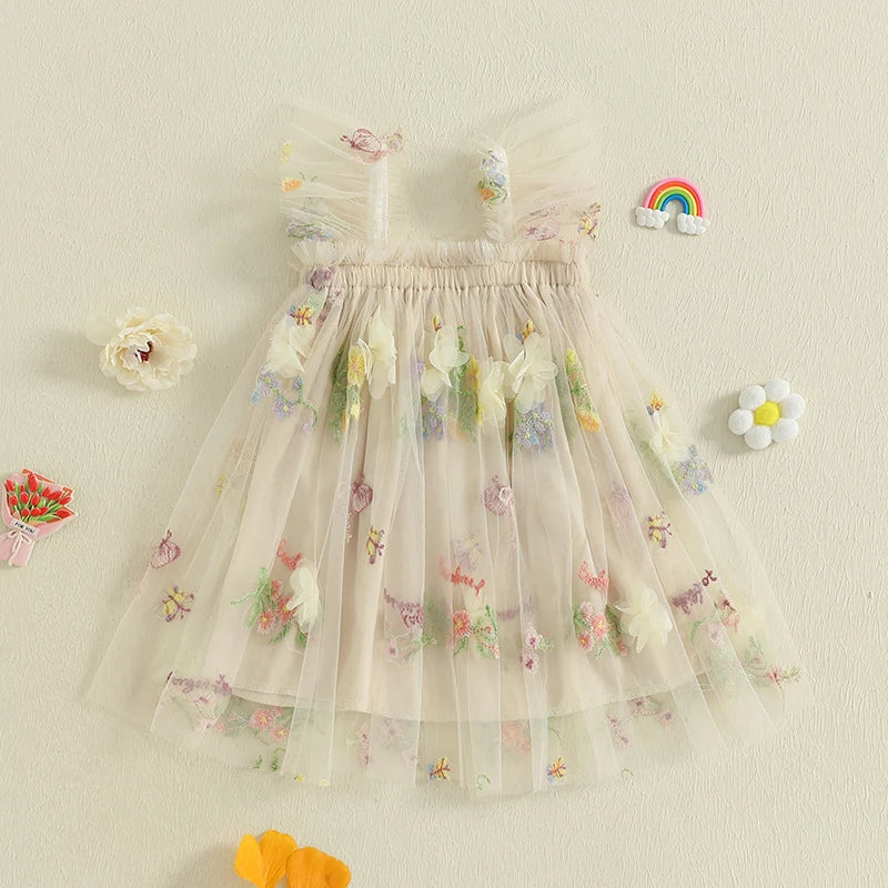 Toddler Girl Sleeveless Floral Embroidered Tulle Dress with Ruffle Square Neckline – Princess Party Dress for Baby Girl