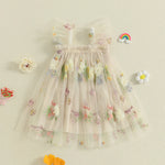 Toddler Girl Sleeveless Floral Embroidered Tulle Dress with Ruffle Square Neckline – Princess Party Dress for Baby Girl