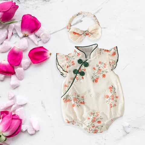 Toddler Girls Traditional Chinese Dress Set — Embroidered Floral Romper with Matching Headband, Summer Outfit