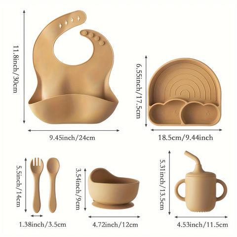 6 PCS Silicone Baby Feeding Set Baby Led Weaning Supplies Utensils Strong Suction 3 Divided Plate Spoon Fork Bowl Water Cup Bib
