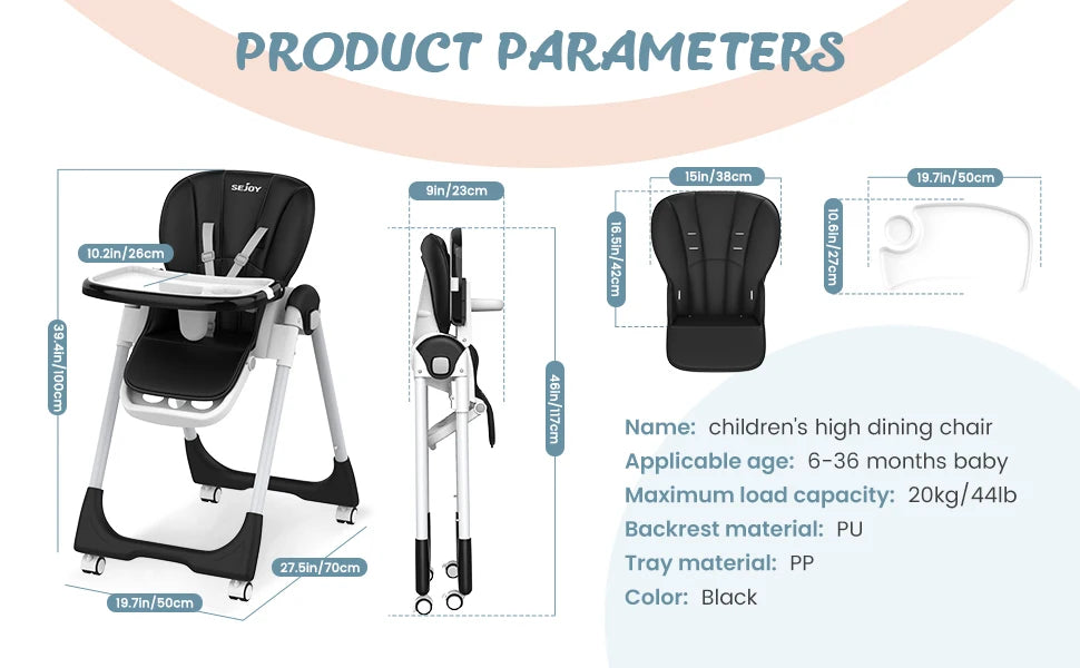 Sejoy Adjustable Baby High Chair with 5-Point Harness 3-Tier Tray & Wheels CE/CPC Certified Children's Dining Chair