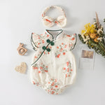 Toddler Girls Traditional Chinese Dress Set — Embroidered Floral Romper with Matching Headband, Summer Outfit