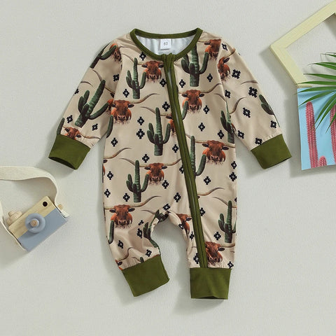 Lioraitiin Infant Baby Boys Jumpsuit – Long Sleeve Cow/Horse Print Zipped Romper for Autumn (0-12M)