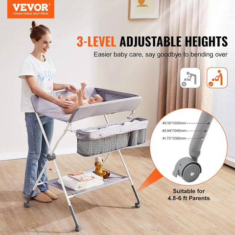 Baby Changing Table – Foldable & Portable Diaper Changing Station with Lockable Wheels, Adjustable 3-Level Height, Storage Basket & Hanging Racks for Newborns & Infants (Grey)