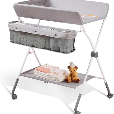 Baby Changing Table – Foldable & Portable Diaper Changing Station with Lockable Wheels, Adjustable 3-Level Height, Storage Basket & Hanging Racks for Newborns & Infants (Grey)