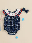 Toddler Girls 4th of July Romper – American Flag Print Sleeveless Ruffle Jumpsuit with Headband, 2-Piece Independence Day Outfit