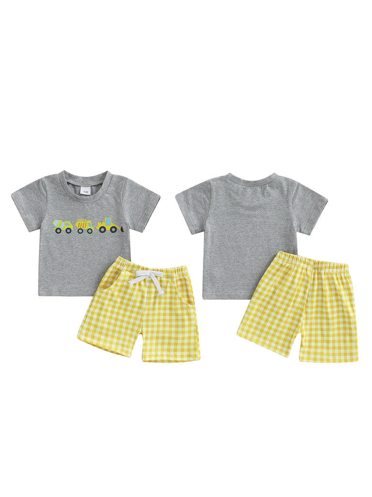 Adorable Infant Boy’s Casual Wear Set – Excavator Print T-Shirt & Plaid Shorts 2-Piece Summer Outfit for Baby & Toddler Boys (0–3 Years)