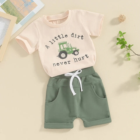 Lioraitiin Toddler Boy Shorts Set – Letter & Tractor Print T-Shirt with Solid Shorts, 2-Piece Summer Outfit
