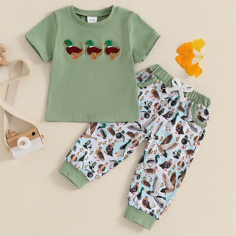 Lioraitiin Baby Boys Summer Outfit Set – Duck Embroidery Short Sleeve T-Shirt & Elastic Waist Pants (1-3 Years)