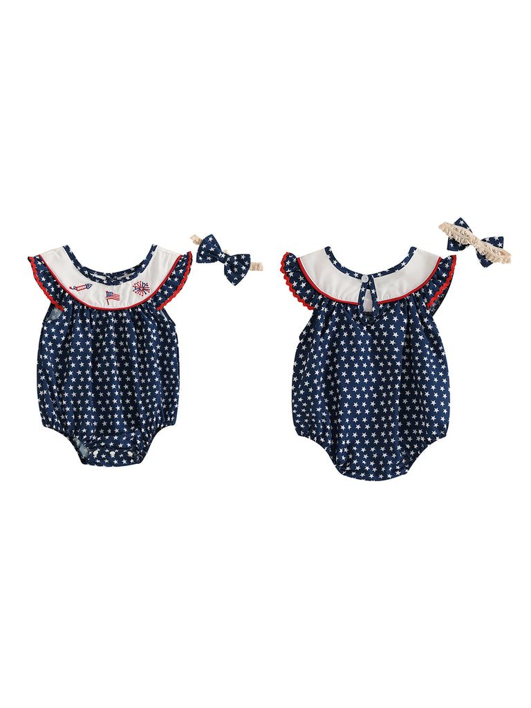 Toddler Girls 4th of July Romper – American Flag Print Sleeveless Ruffle Jumpsuit with Headband, 2-Piece Independence Day Outfit