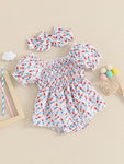 Baby Girl Summer Romper – Sleeveless Watermelon Print Jumpsuit with Bow Headband – Infant Beach Outfit for 4th of July