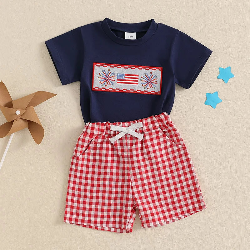 Lioraitiin Toddler Baby Boy 4th of July Outfit – Short Sleeve Truck & Flag Embroidery T-Shirt with Matching Shorts Set