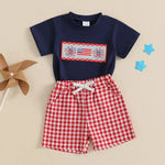 Lioraitiin Toddler Baby Boy 4th of July Outfit – Short Sleeve Truck & Flag Embroidery T-Shirt with Matching Shorts Set