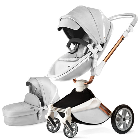 Hot Mom F023 2-in-1 Baby Stroller – 360° Rotating PU Leather Travel System with Bassinet, Rain Cover & Accessories | Foldable Luxury Stroller (0–4 Years)