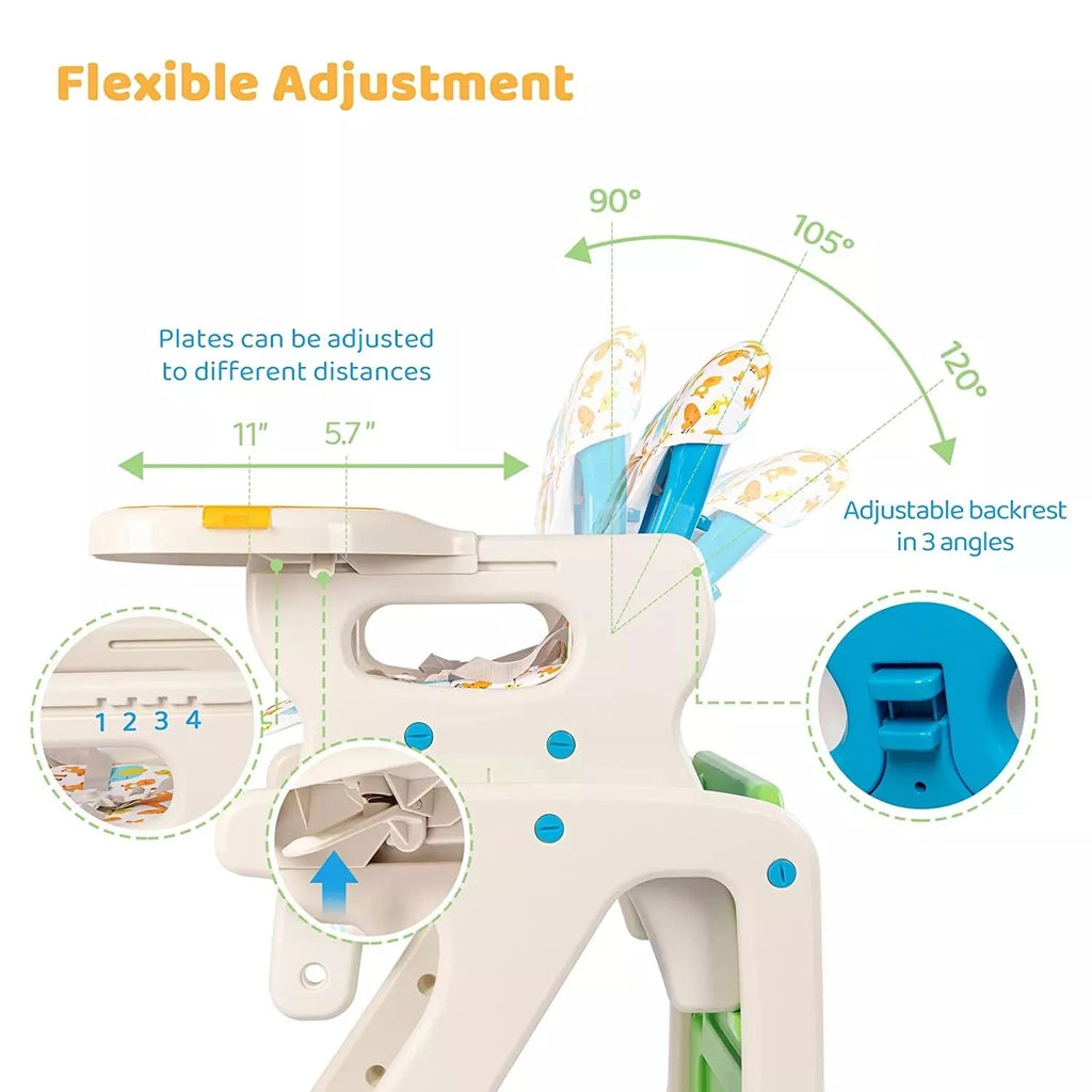 Sejoy 3-in-1 Adjustable Baby High Chair for Toddlers – ASTM & CPC Certified Feeding Seat with Reclining Backrest, Removable Double Tray & Cushion | Cartoon Design