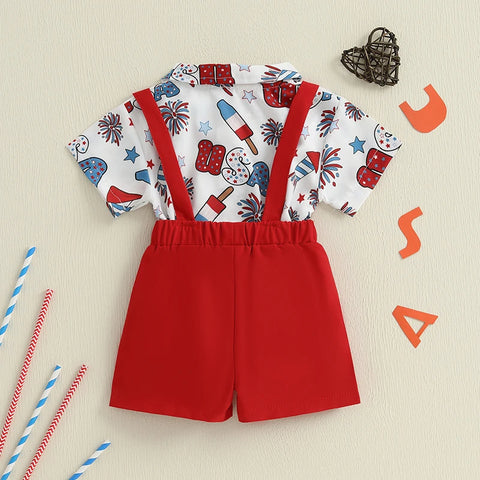 Toddler Boys 4th of July Outfit – Short Sleeve Bowtie Romper & Suspender Shorts Set – Independence Day Baby Clothes