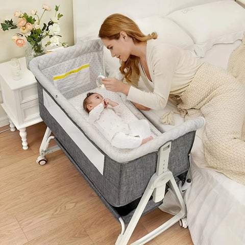 3 in 1 Baby Bassinet Bedside Sleeper, Breathable Mesh Safe Bedside Bassinet for Baby, Easy Assemble and Folding Portable with Wheels