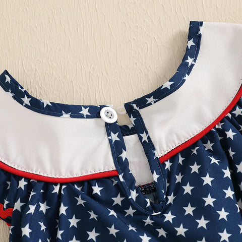 Toddler Girls 4th of July Romper – American Flag Print Sleeveless Ruffle Jumpsuit with Headband, 2-Piece Independence Day Outfit
