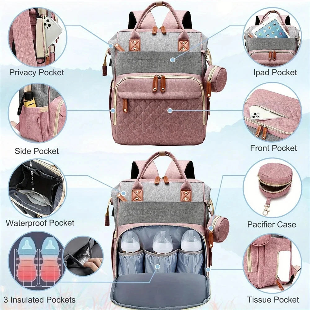 Portable Foldable Baby Travel Bed & Diaper Bag – Large Capacity Mommy Backpack with Changing Station & Infant Carrier (Fashionable & Lightweight)