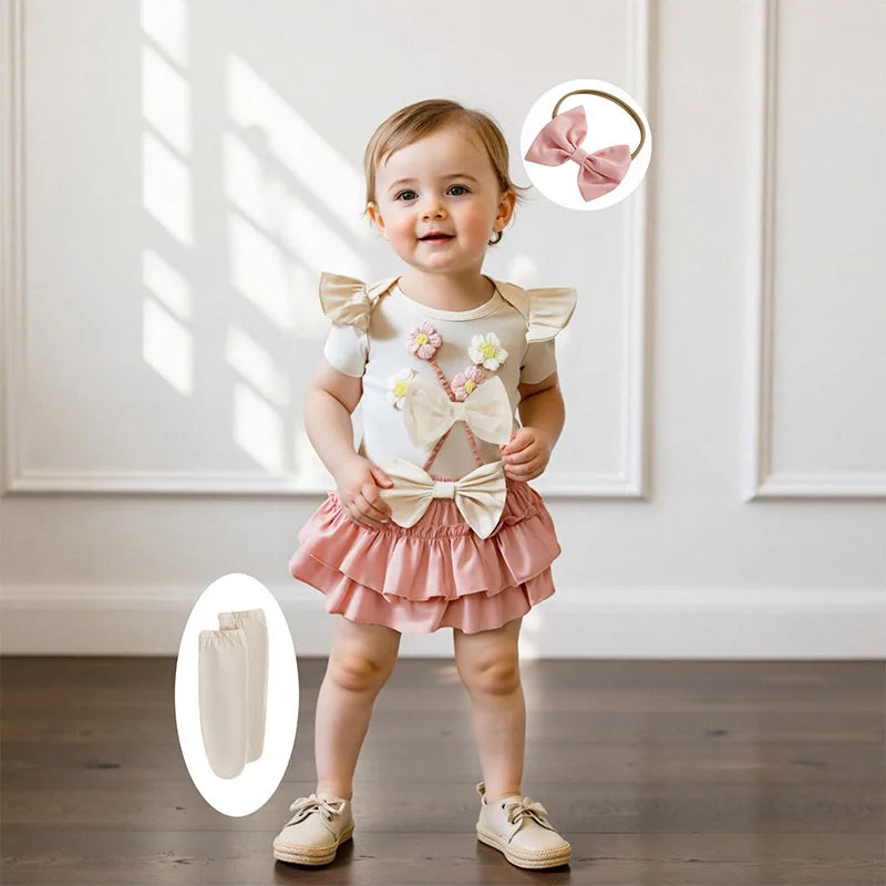 Toddler Girls Floral Print Romper with Ruffle Sleeves, Matching Shorts & Headband – Cute Summer Baby Outfit Set