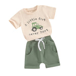Lioraitiin Toddler Boy Shorts Set – Letter & Tractor Print T-Shirt with Solid Shorts, 2-Piece Summer Outfit