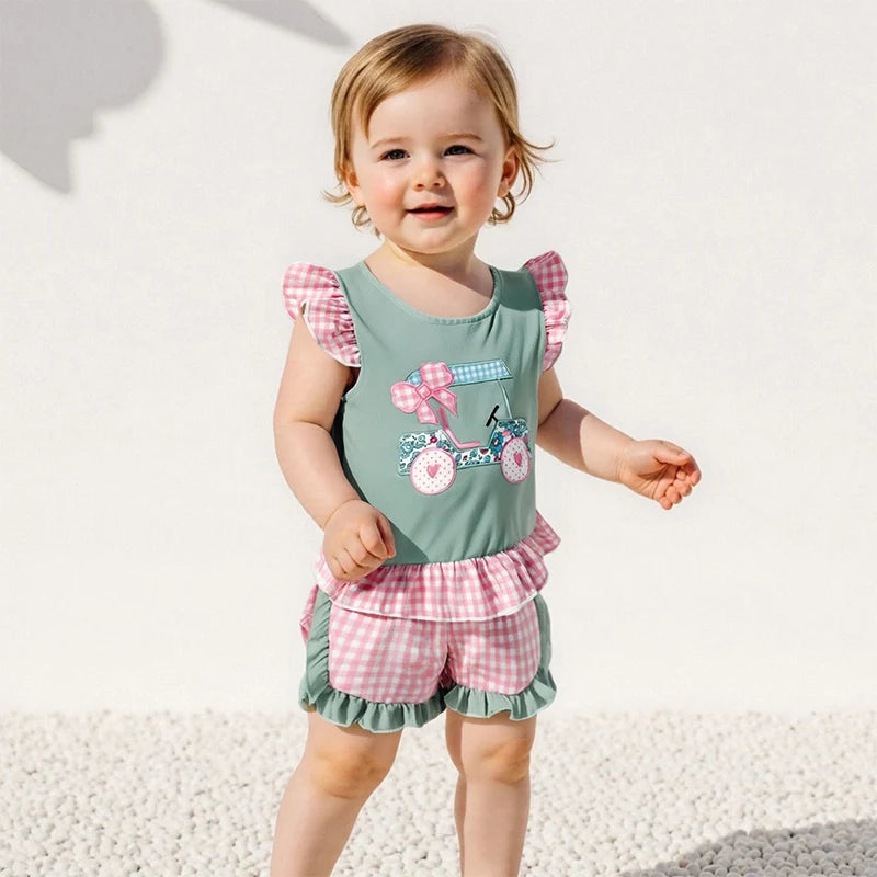 Adorable Infant Girl’s Summer Outfit – Golf Cart Embroidered Flutter Sleeve Top with Plaid Shorts 2-Piece Set