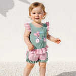 Adorable Infant Girl’s Summer Outfit – Golf Cart Embroidered Flutter Sleeve Top with Plaid Shorts 2-Piece Set