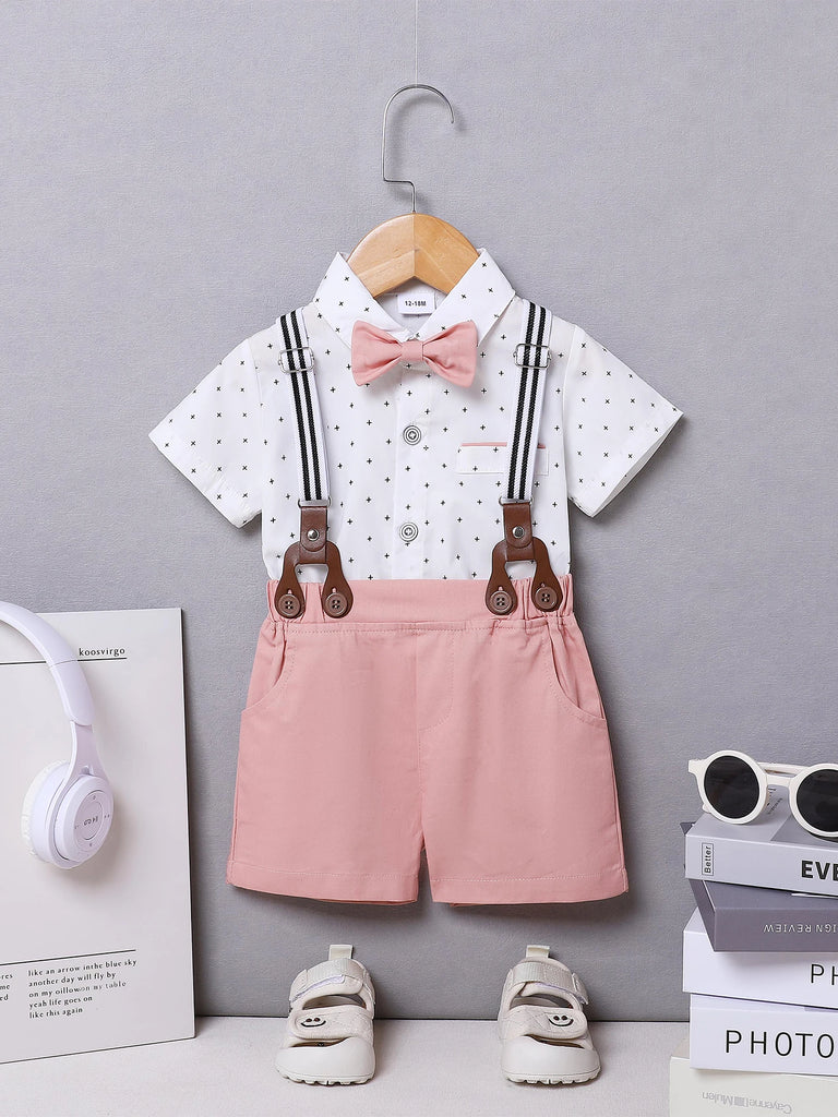 Toddler Baby Boy Clothes 1–5T – Gentleman Suit Set with Short Sleeve Shirt, Bowtie & Suspender Pants – Formal Toddler Dress Outfit for Boys