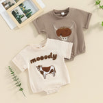 Lioraitiin 0–18M Baby Boy Girl Romper – Round Neck Cow Embroidery Short Sleeve Jumpsuit, Infant Summer Outfit