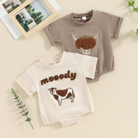 Lioraitiin 0–18M Baby Boy Girl Romper – Round Neck Cow Embroidery Short Sleeve Jumpsuit, Infant Summer Outfit