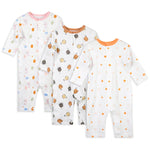 MICHLEY 3pcs Baby Short-Sleeve Rompers & Long-Sleeve Jumpsuit Bodysuit – Soft White Cartoon Infant Clothes Overalls for Boys & Girls
