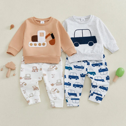 Lioraitiin Toddler Baby Boy 2-Piece Outfit – Car Embroidery Long Sleeve Pullover Sweatshirt & Elastic Waist Pants Set