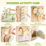 ROBOTIME Wooden Activity Cube Educational Wooden Toys with 7 Functional Areas Flower Bush Theme Montessori Toys for Toddlers