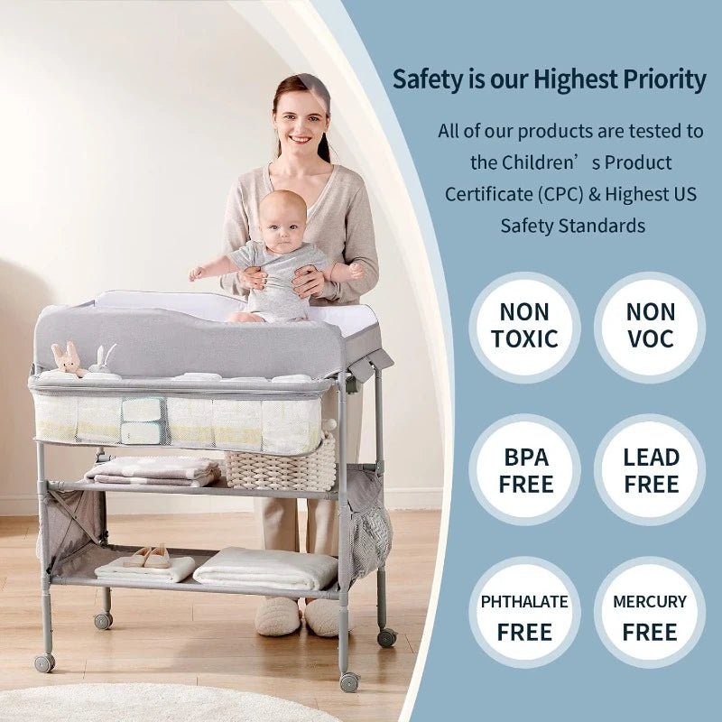 Portable Baby Changing Table Waterproof  Changing Table Pad Topper, Mobile Nursery Organizer for Newborn Essentials (Grey)