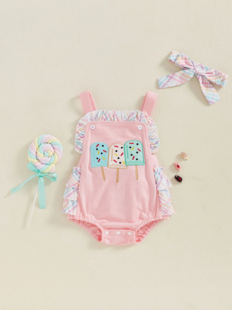 Toddler Girl Summer Watermelon Print Romper with Ruffles & Matching Headband — Sleeveless Jumpsuit Outfit Set