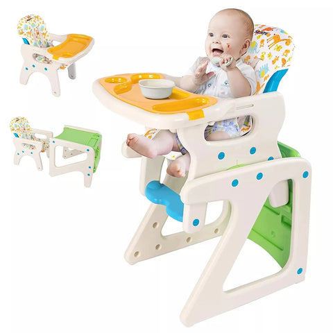 Sejoy 3-in-1 Adjustable Baby High Chair for Toddlers – ASTM & CPC Certified Feeding Seat with Reclining Backrest, Removable Double Tray & Cushion | Cartoon Design