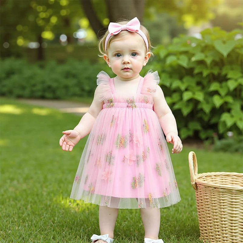 Toddler Girl Sleeveless Floral Embroidered Tulle Dress with Ruffle Square Neckline – Princess Party Dress for Baby Girl