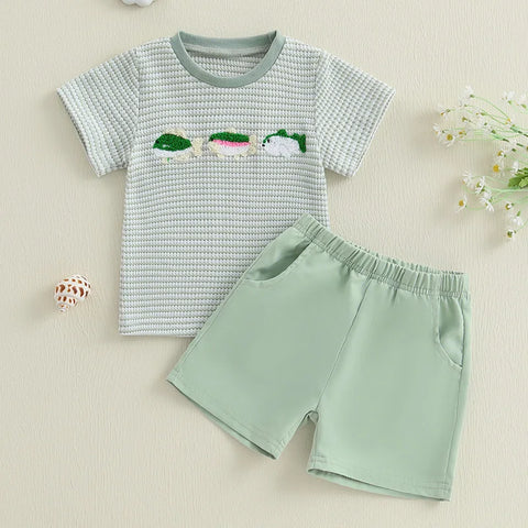 Infant Boy Summer Outfit – Cute Animal Embroidery Short Sleeve T-shirt & Plaid Shorts 2-Piece Set