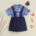 Toddler Boys 4th of July Outfit – Short Sleeve Bowtie Romper & Suspender Shorts Set – Independence Day Baby Clothes