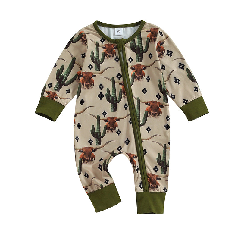 Lioraitiin Infant Baby Boys Jumpsuit – Long Sleeve Cow/Horse Print Zipped Romper for Autumn (0-12M)