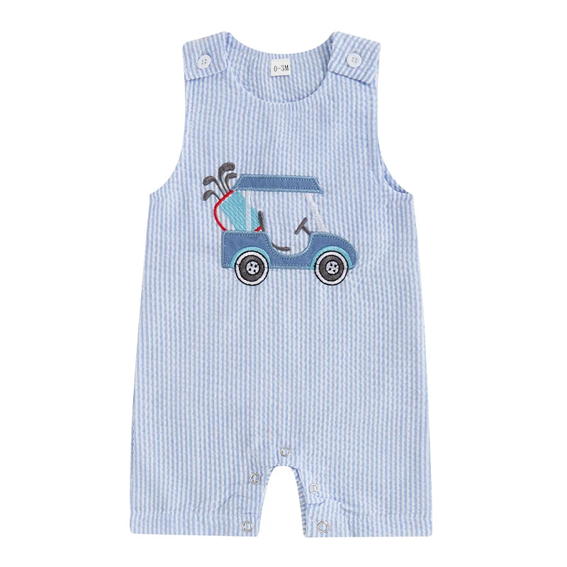 Lioraitiin Baby Boys Sleeveless Romper – Striped Golf Cart Embroidery Summer Jumpsuit for Casual Daily Wear (0-1 Years)